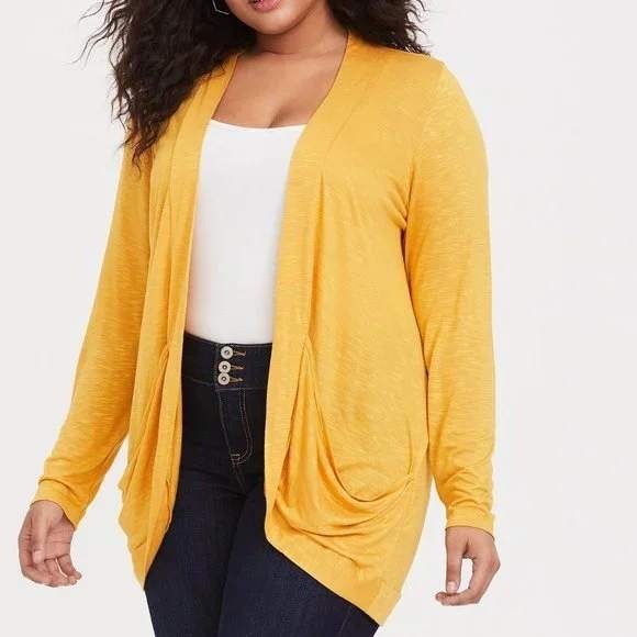 torrid Sweaters - Torrid Cardigan Draped Open Front Lightweight Mustard Yellow Plus Size 1X